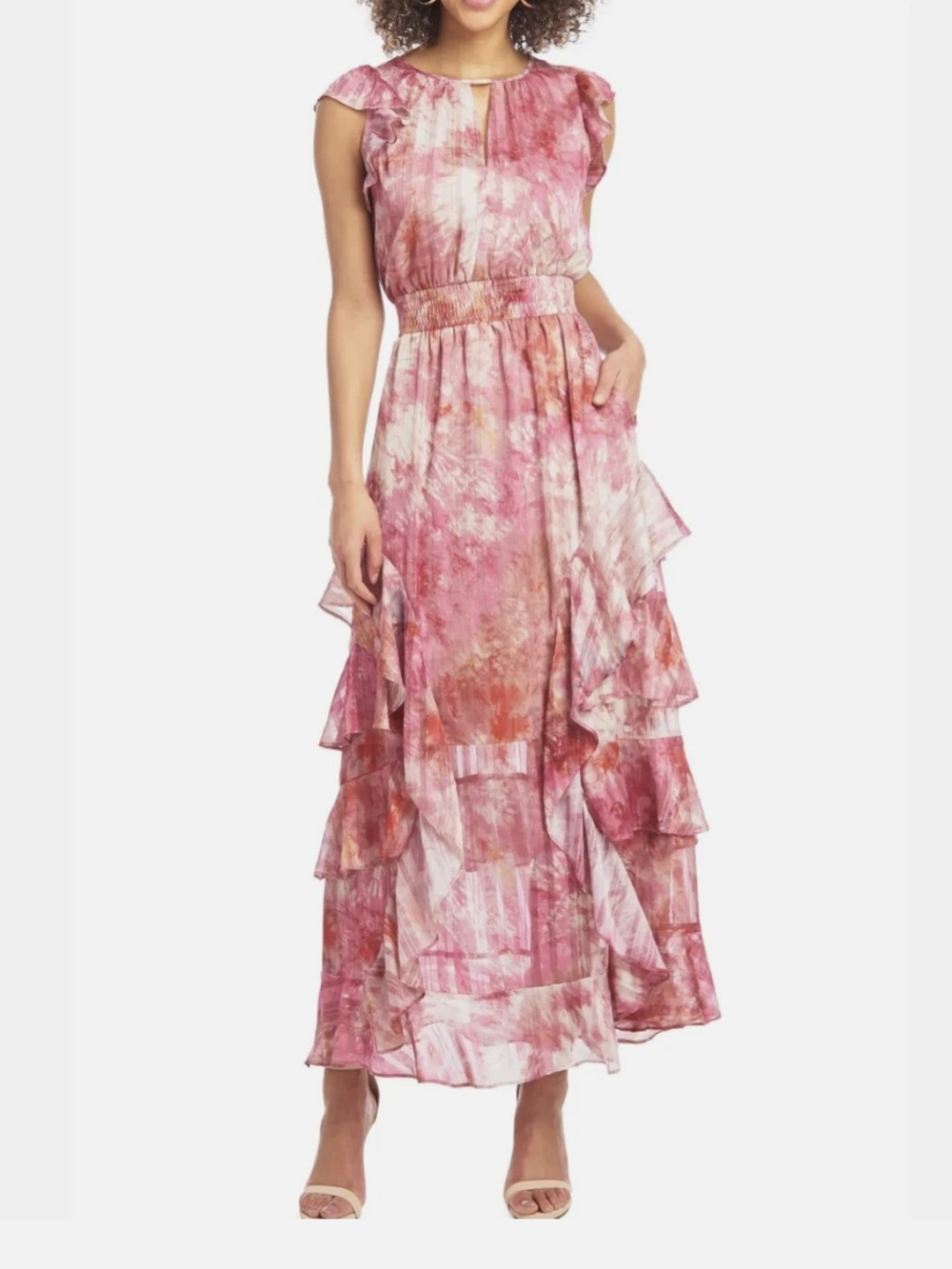 RACHEL Rachel Roy Pink Watercolor Ruffle Maxi Dress
